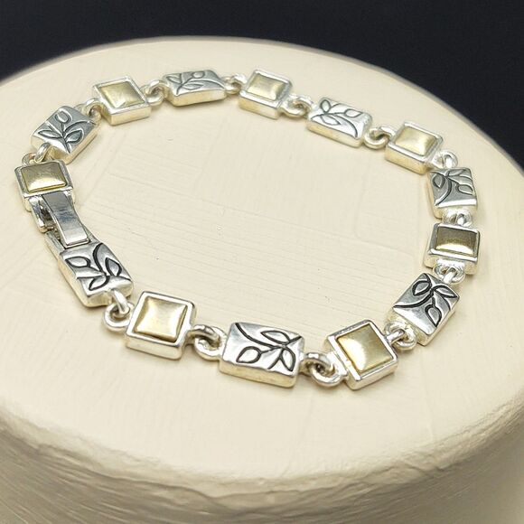 Chunky Box & Bar Link Bracelet with Leaf Design - Picture 1 of 5